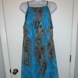 Indigo Soul bright Spring midi dress w/ ostrich feather print. Size L.